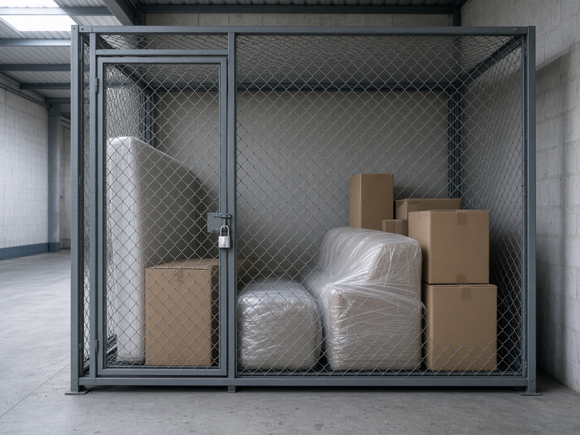 Muebles protegidos en una jaula de almacenamiento.