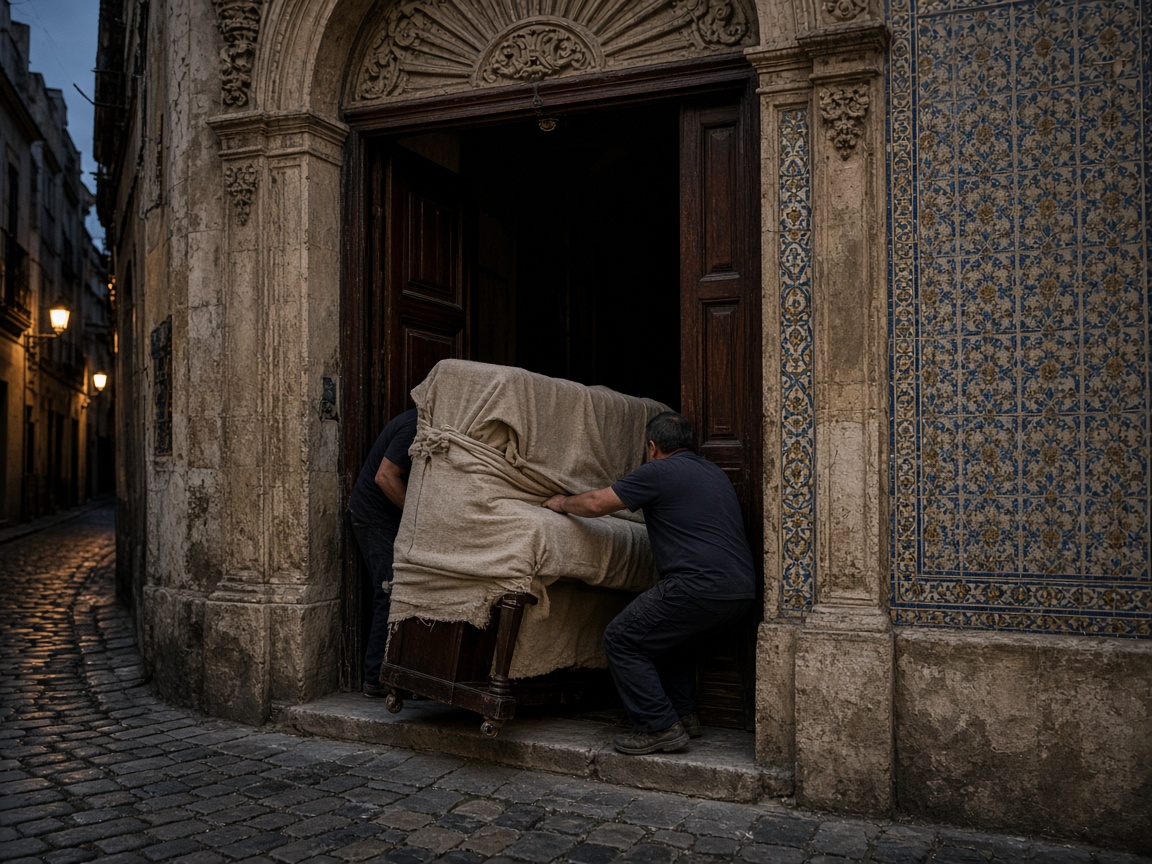 Piano embalado saliendo por un portal de azulejos en el casco de Sevilla.