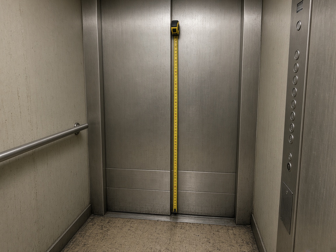 Cabina de ascensor estrecha de un bloque sevillano, insuficiente para un colchón de 1,50.