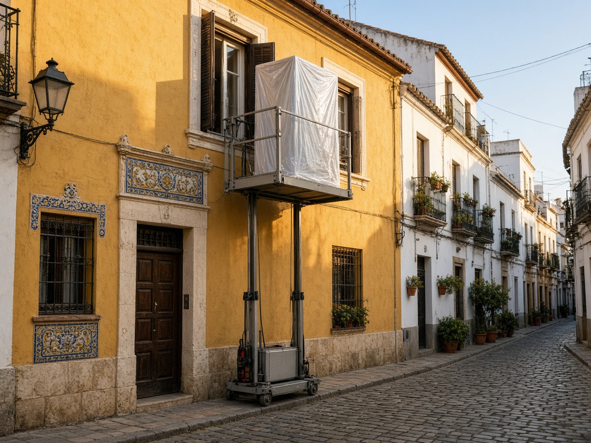 Plataforma de montacargas exterior en una calle residencial sevillana.